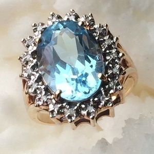 Blue Topaz 14kt Gold Cubic Zirconium side gems size 6.5 ring
